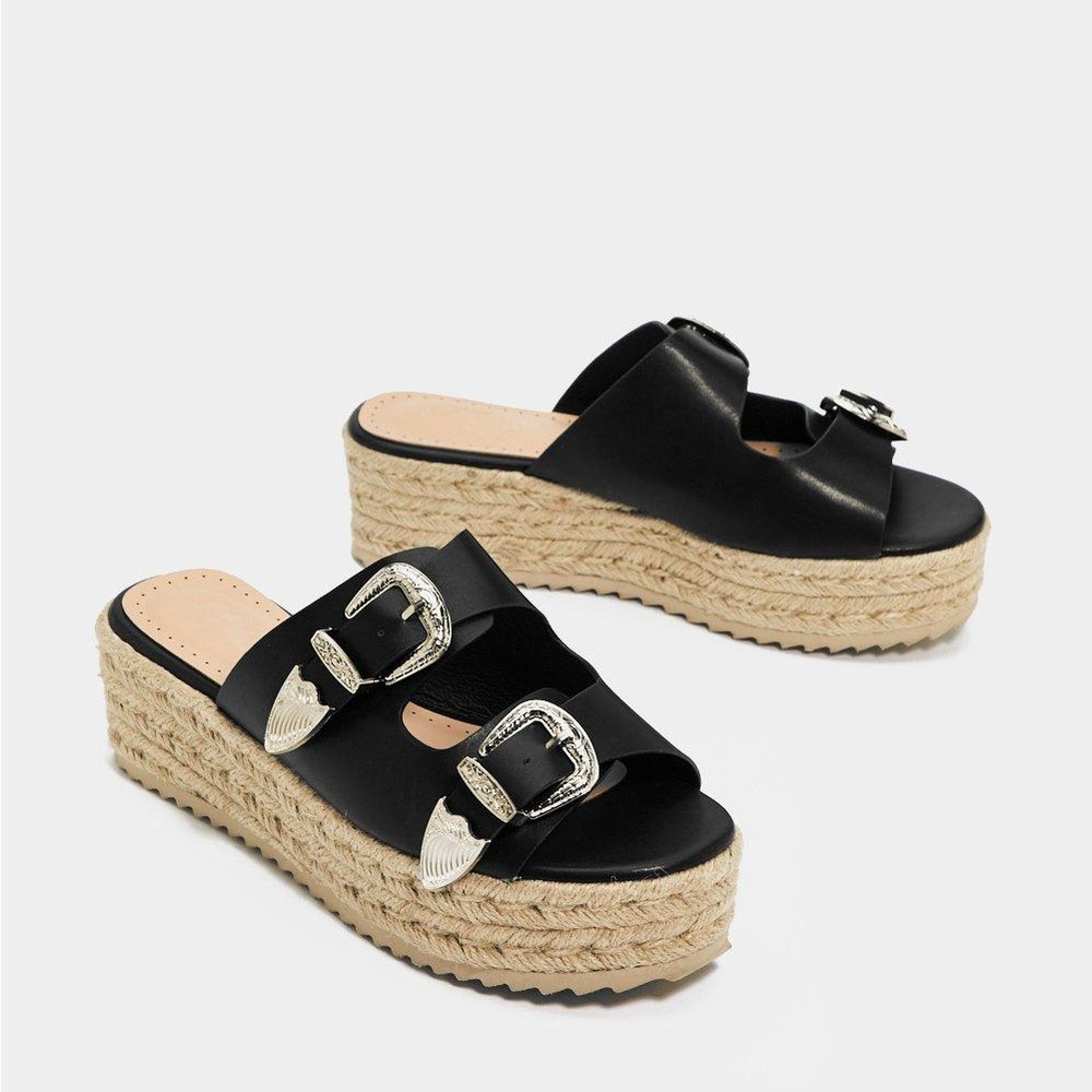Black Espadrille Platform Sandals western silver buckles